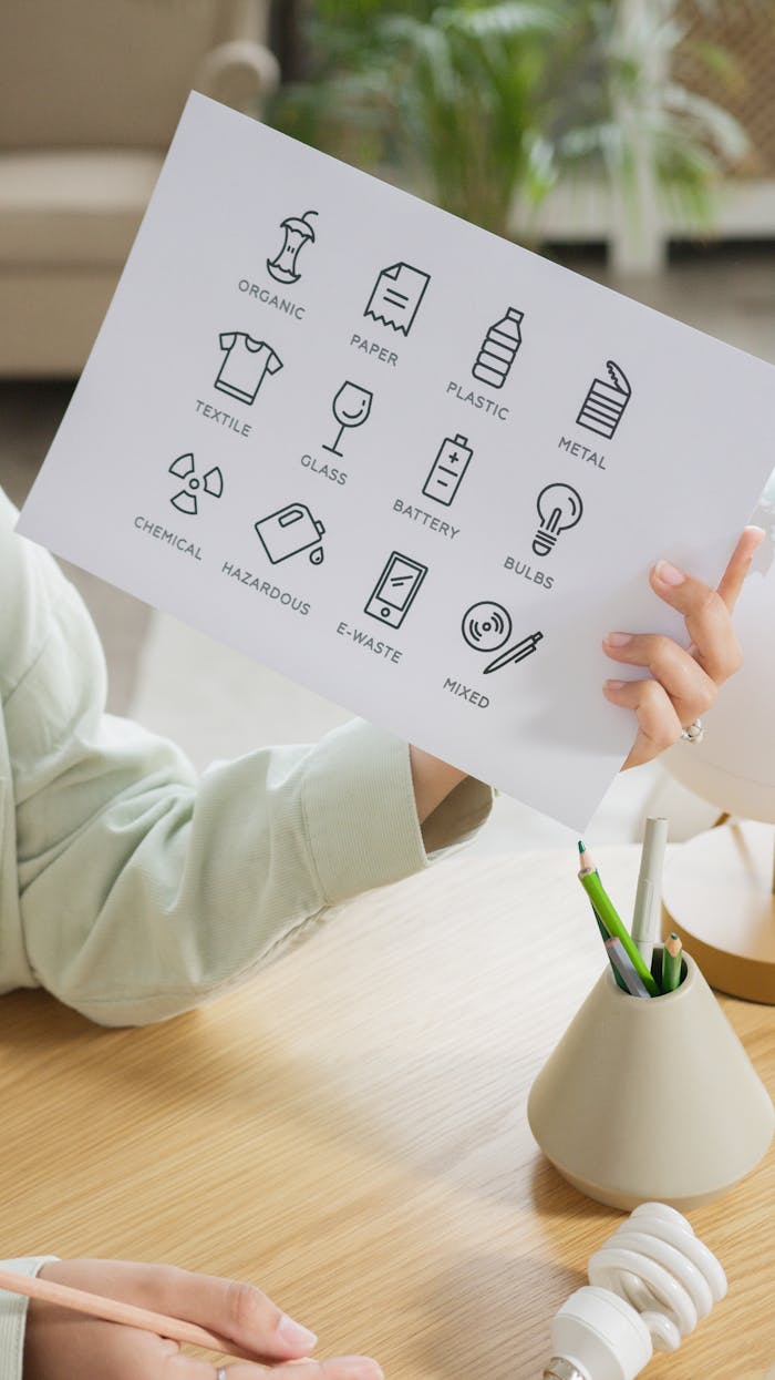 Close-up of a person holding a paper with recycling symbols above a wooden table.
